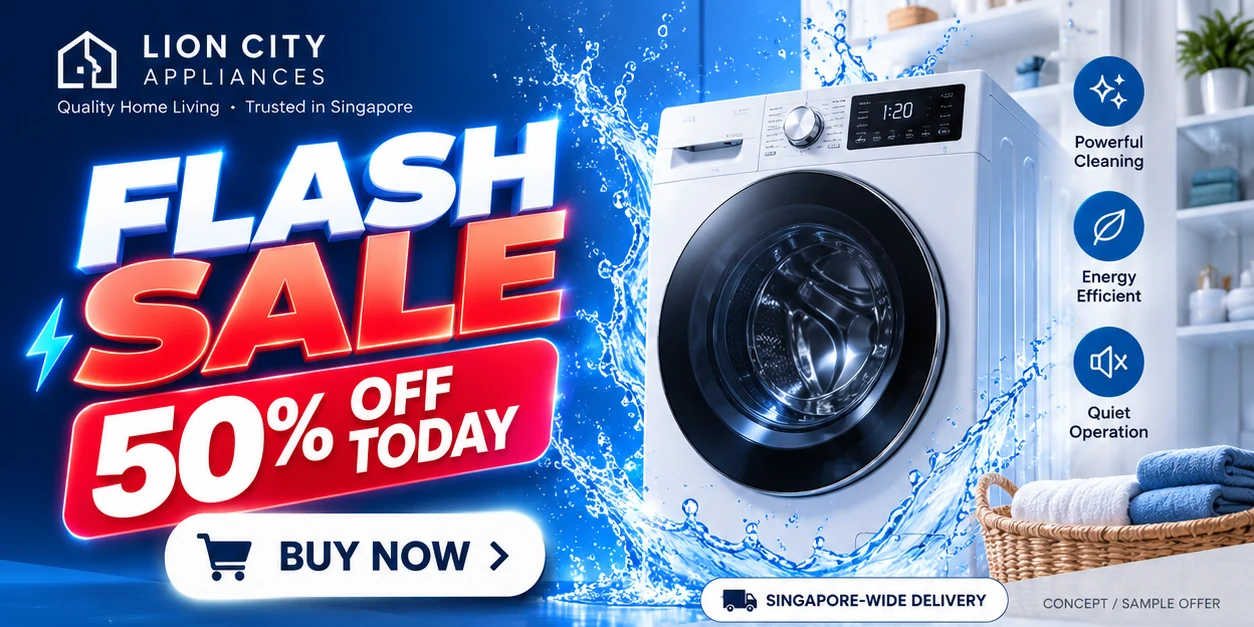 Fictional Singapore washing machine online flash sale advert, 50% off today with Buy Now button