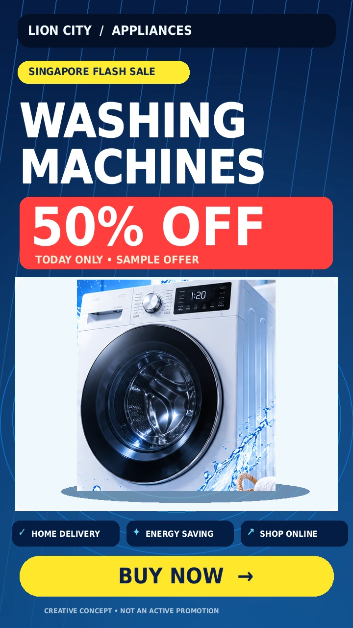 Vertical Singapore washing machine sample ad with 50 percent discount and Buy Now call to action